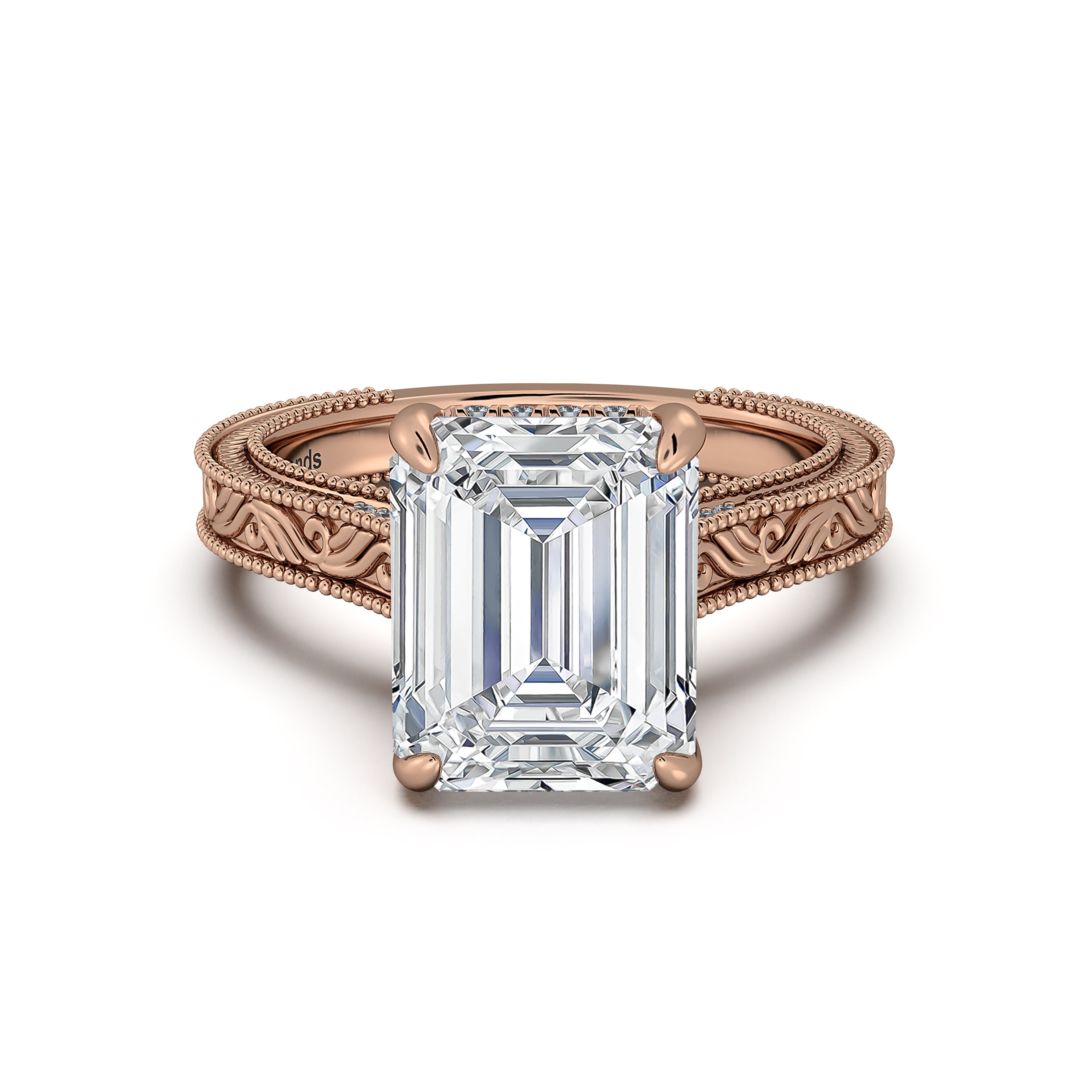 Rose Gold Emerald Hand-Engraved Diamond Engagement Ring | Waco Diamonds Is Located In Waco, TX | Central Texas' #1 Engagement Ring Store With Lifetime Warranty