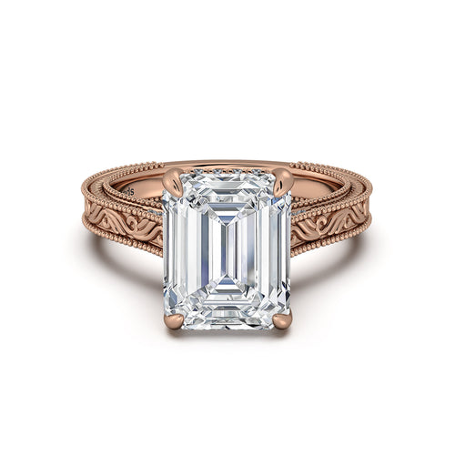 Load image 1 in gallery view. Rose Gold Emerald Hand-Engraved Diamond Engagement Ring | Waco Diamonds Is Located In Waco, TX | Central Texas' #1 Engagement Ring Store With Lifetime Warranty