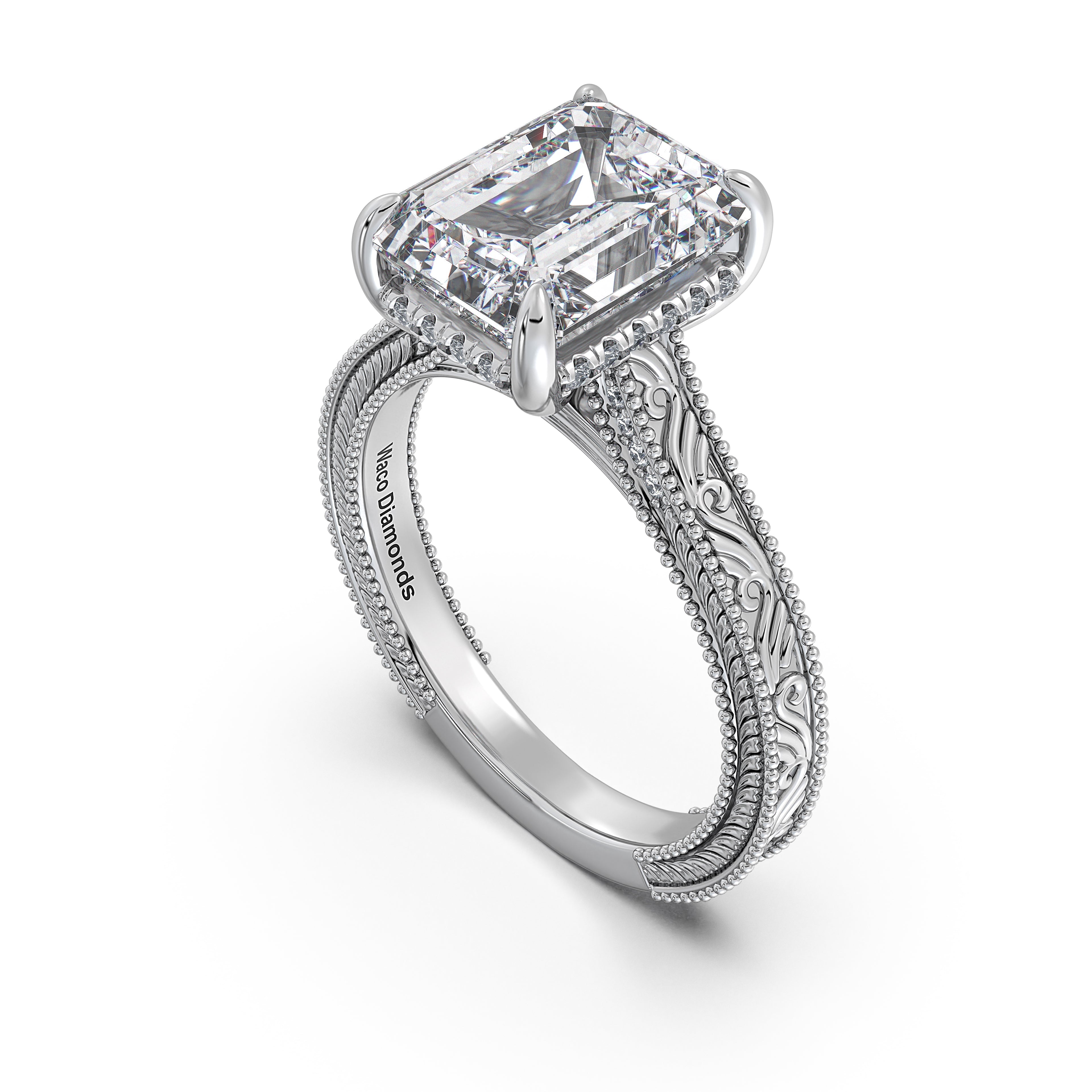 White Gold Emerald Hand-Engraved Diamond Engagement Ring Side Profile | Waco Diamonds Is Located In Waco, TX | Central Texas' #1 Engagement Ring Store With Lifetime Warranty