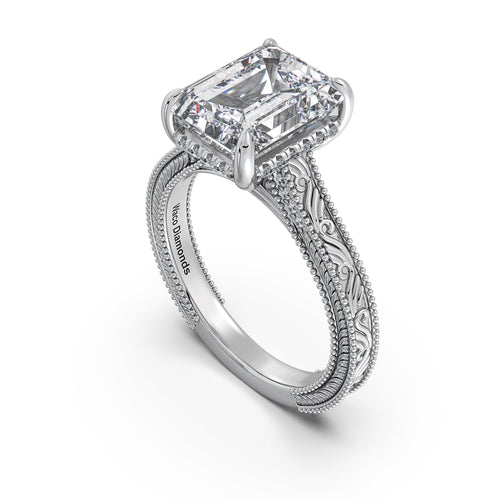 Load image 1 in gallery view. White Gold Emerald Hand-Engraved Diamond Engagement Ring Side Profile | Waco Diamonds Is Located In Waco, TX | Central Texas' #1 Engagement Ring Store With Lifetime Warranty