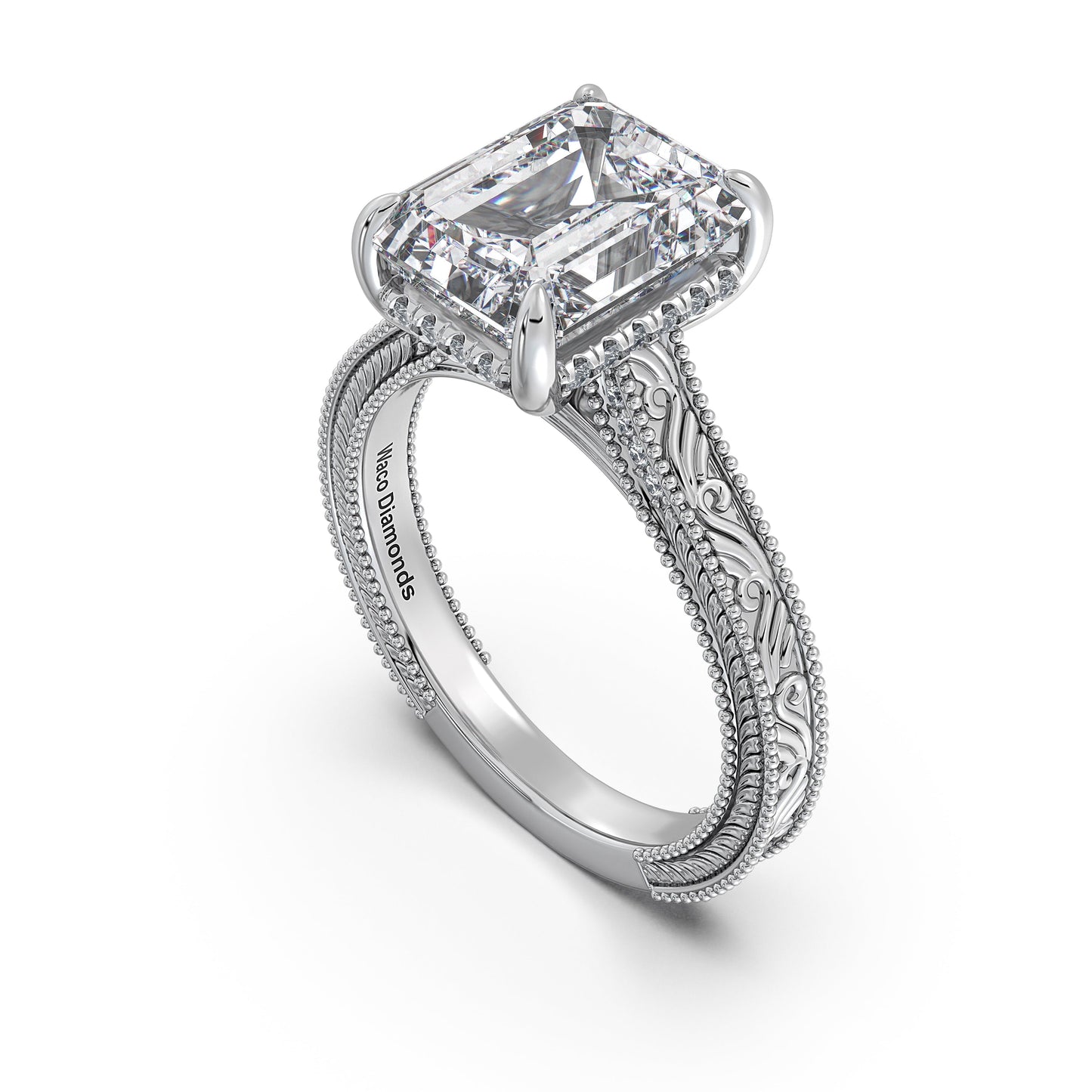 White Gold Emerald Hand-Engraved Diamond Engagement Ring Side Profile | Waco Diamonds Is Located In Waco, TX | Central Texas' #1 Engagement Ring Store With Lifetime Warranty