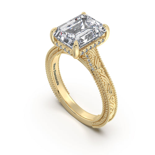 Load image 1 in gallery view. Yellow Gold Emerald Hand-Engraved Diamond Engagement Ring Side Profile | Waco Diamonds Is Located In Waco, TX | Central Texas' #1 Engagement Ring Store With Lifetime Warranty