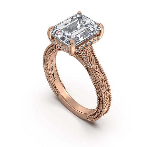 Load image 1 in gallery view. Rose Gold Emerald Hand-Engraved Diamond Engagement Ring Side Profile | Waco Diamonds Is Located In Waco, TX | Central Texas' #1 Engagement Ring Store With Lifetime Warranty