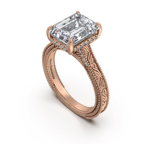 Load image 1 in gallery view. Rose Gold Emerald Hand-Engraved Diamond Engagement Ring Side Profile | Waco Diamonds Is Located In Waco, TX | Central Texas' #1 Engagement Ring Store With Lifetime Warranty
