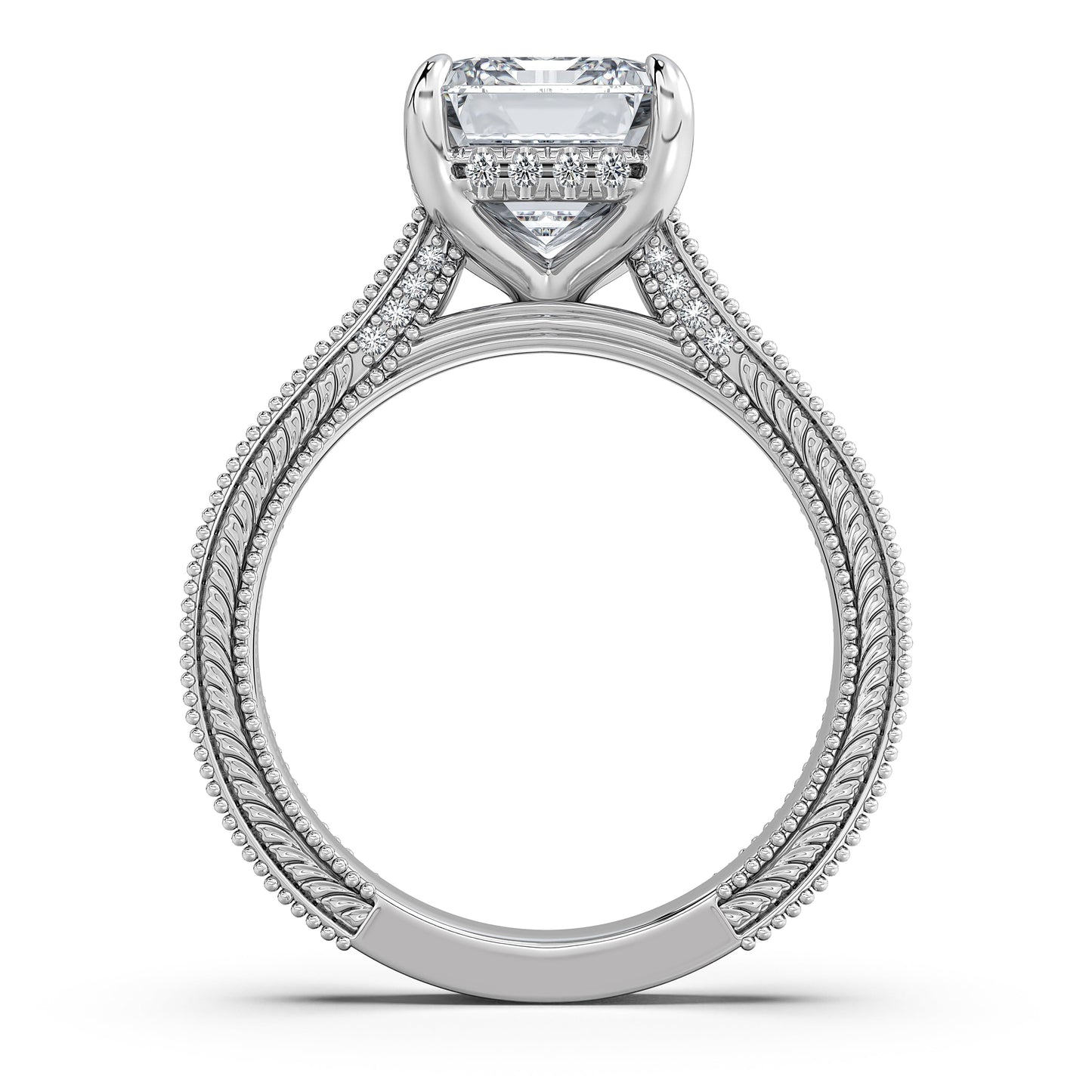 White Gold Emerald Hand-Engraved Diamond Engagement Ring Profile View | Waco Diamonds Is Located In Waco, TX | Central Texas' #1 Engagement Ring Store With Lifetime Warranty
