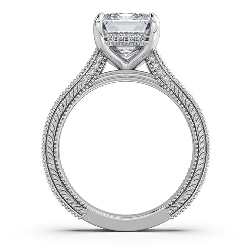 Load image 1 in gallery view. White Gold Emerald Hand-Engraved Diamond Engagement Ring Profile View | Waco Diamonds Is Located In Waco, TX | Central Texas' #1 Engagement Ring Store With Lifetime Warranty