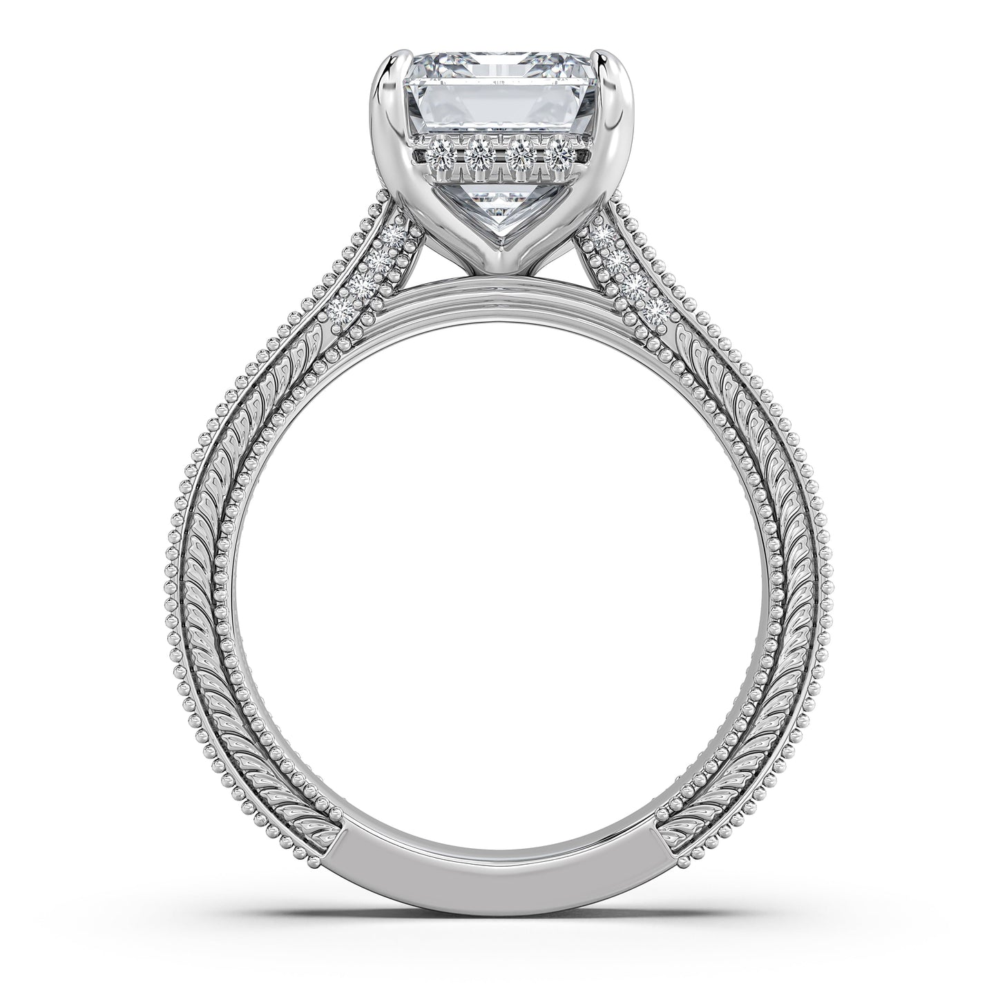 White Gold Emerald Hand-Engraved Diamond Engagement Ring Profile View | Waco Diamonds Is Located In Waco, TX | Central Texas' #1 Engagement Ring Store With Lifetime Warranty