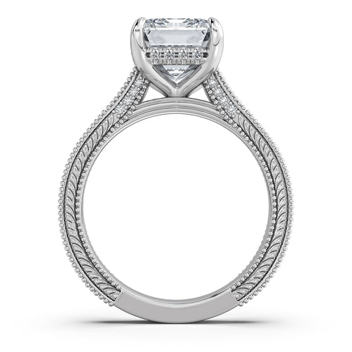 Load image 1 in gallery view. White Gold Emerald Hand-Engraved Diamond Engagement Ring Profile View | Waco Diamonds Is Located In Waco, TX | Central Texas' #1 Engagement Ring Store With Lifetime Warranty