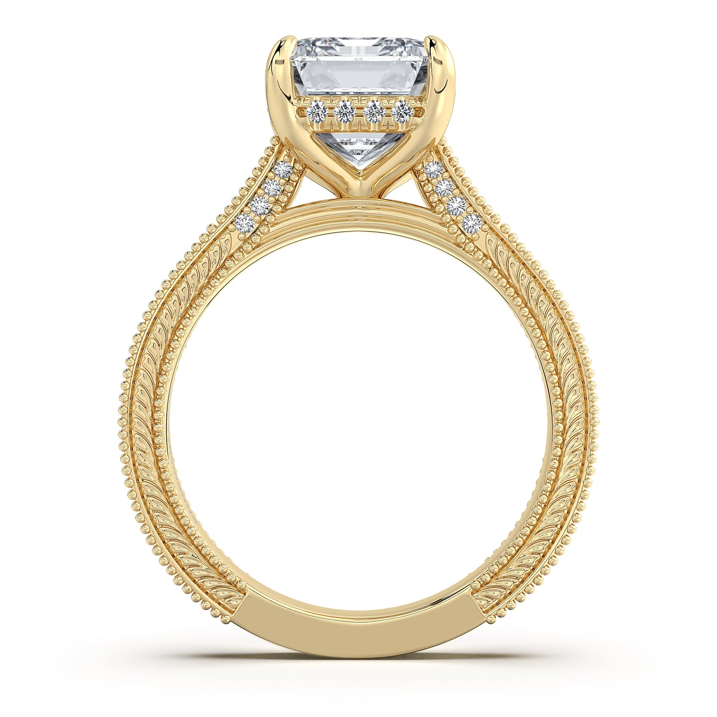 Yellow Gold Emerald Hand-Engraved Diamond Engagement Ring Profile View | Waco Diamonds Is Located In Waco, TX | Central Texas' #1 Engagement Ring Store With Lifetime Warranty
