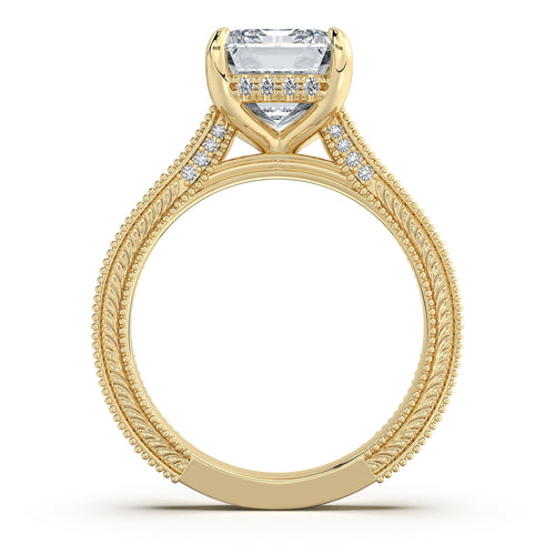 Load image 1 in gallery view. Yellow Gold Emerald Hand-Engraved Diamond Engagement Ring Profile View | Waco Diamonds Is Located In Waco, TX | Central Texas' #1 Engagement Ring Store With Lifetime Warranty
