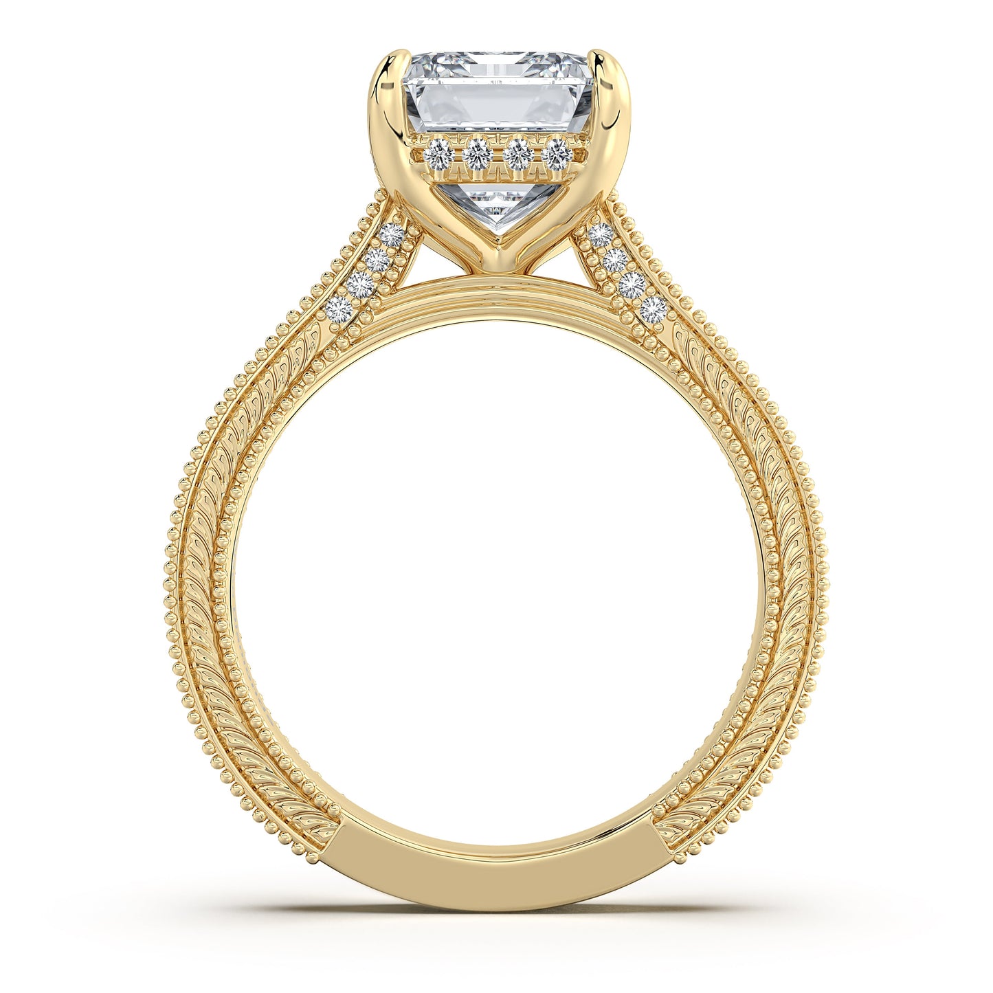 Yellow Gold Emerald Hand-Engraved Diamond Engagement Ring Profile View | Waco Diamonds Is Located In Waco, TX | Central Texas' #1 Engagement Ring Store With Lifetime Warranty