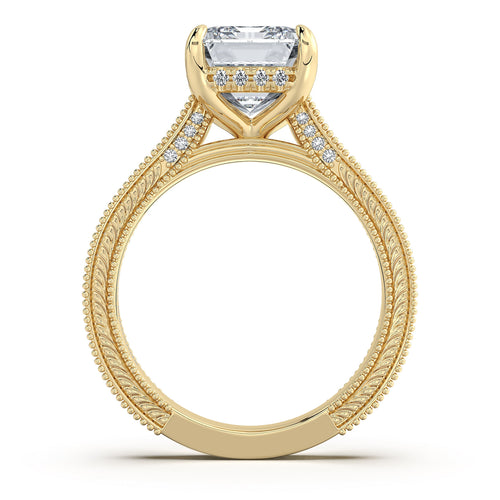 Load image 1 in gallery view. Yellow Gold Emerald Hand-Engraved Diamond Engagement Ring Profile View | Waco Diamonds Is Located In Waco, TX | Central Texas' #1 Engagement Ring Store With Lifetime Warranty