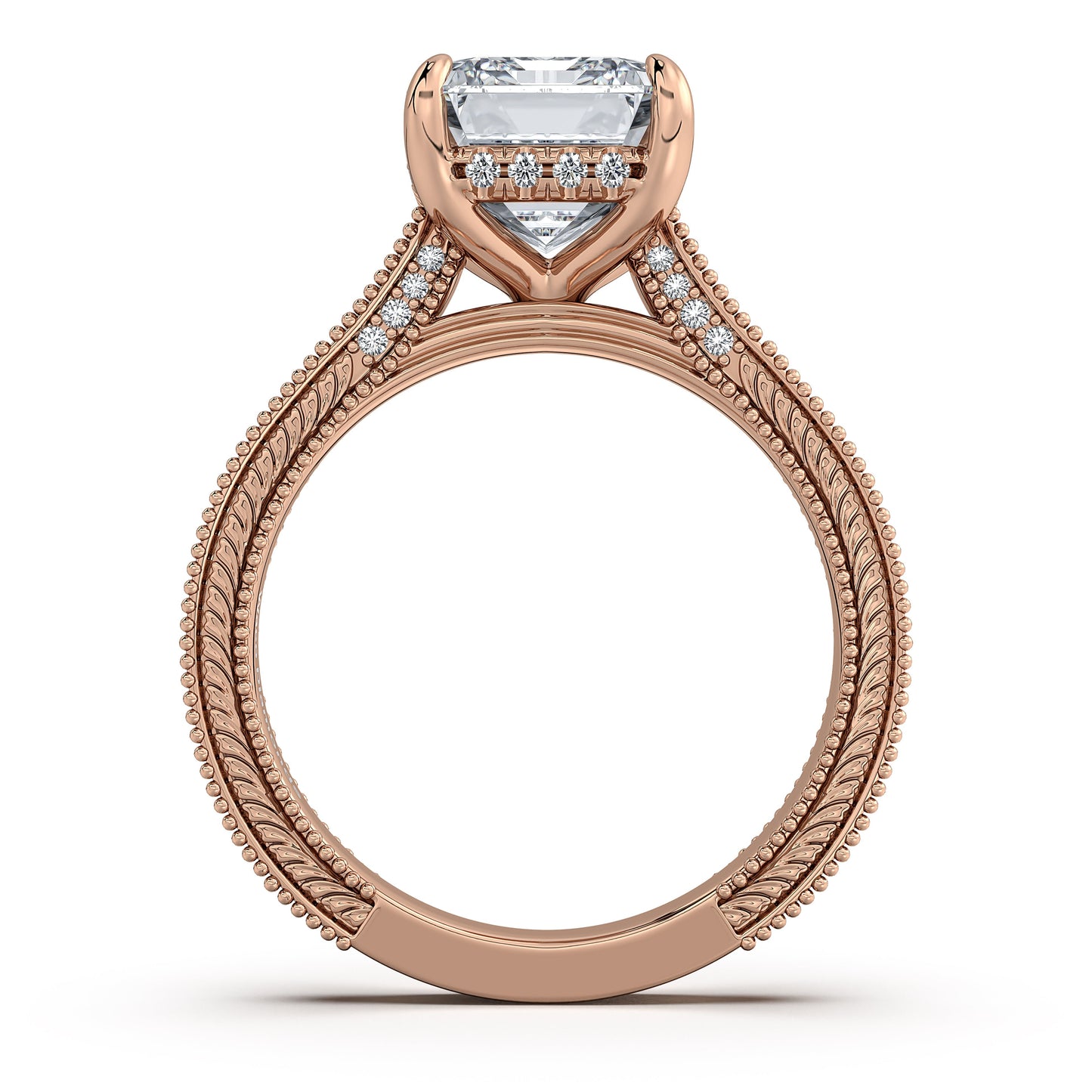 Rose Gold Emerald Hand-Engraved Diamond Engagement Ring Profile View | Waco Diamonds Is Located In Waco, TX | Central Texas' #1 Engagement Ring Store With Lifetime Warranty