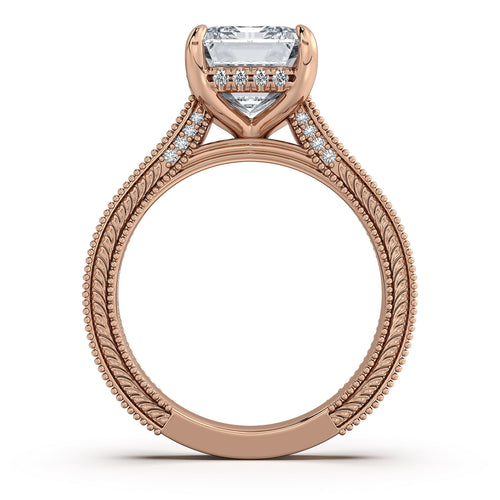 Load image 1 in gallery view. Rose Gold Emerald Hand-Engraved Diamond Engagement Ring Profile View | Waco Diamonds Is Located In Waco, TX | Central Texas' #1 Engagement Ring Store With Lifetime Warranty