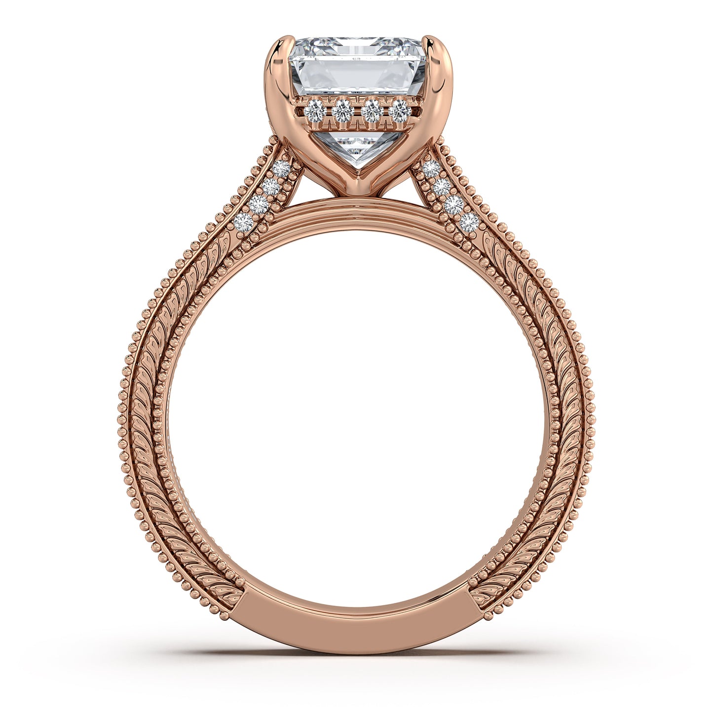 Rose Gold Emerald Hand-Engraved Diamond Engagement Ring Profile View | Waco Diamonds Is Located In Waco, TX | Central Texas' #1 Engagement Ring Store With Lifetime Warranty