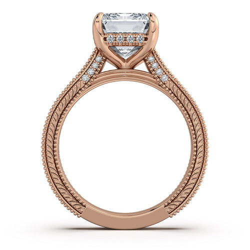 Load image 1 in gallery view. Rose Gold Emerald Hand-Engraved Diamond Engagement Ring Profile View | Waco Diamonds Is Located In Waco, TX | Central Texas' #1 Engagement Ring Store With Lifetime Warranty