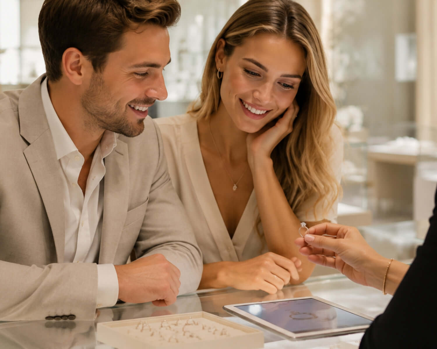 Couple looking at engagement rings