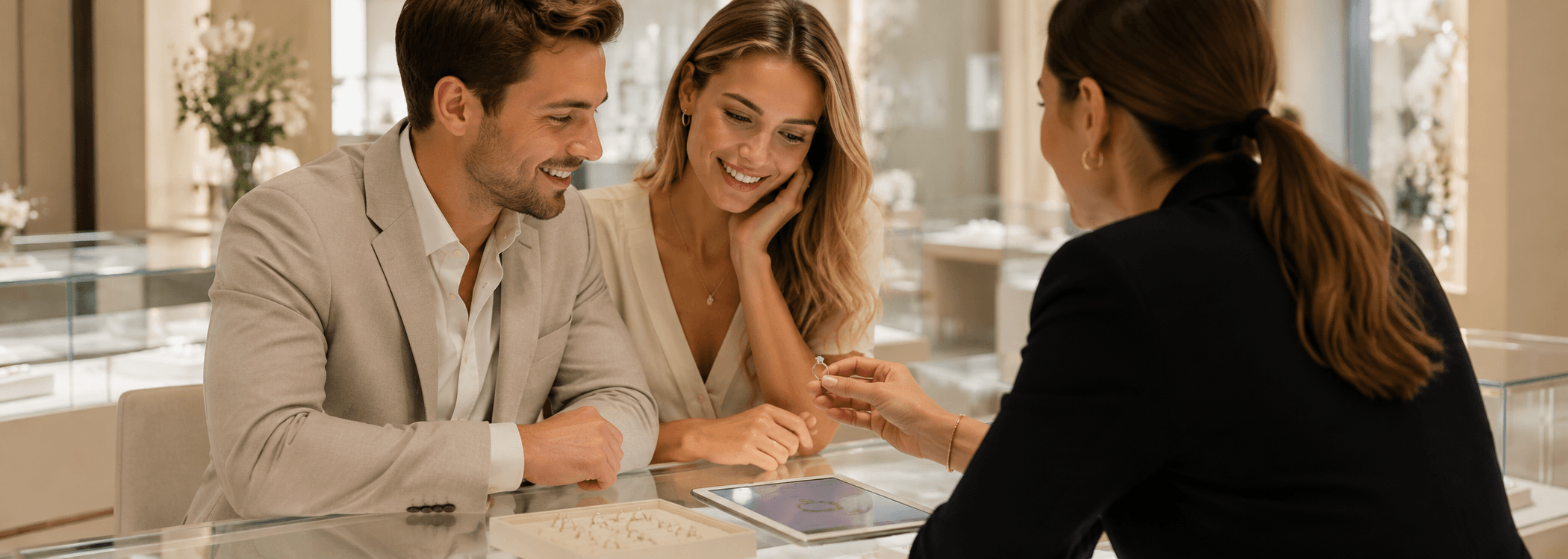 couple looking at engagement rings