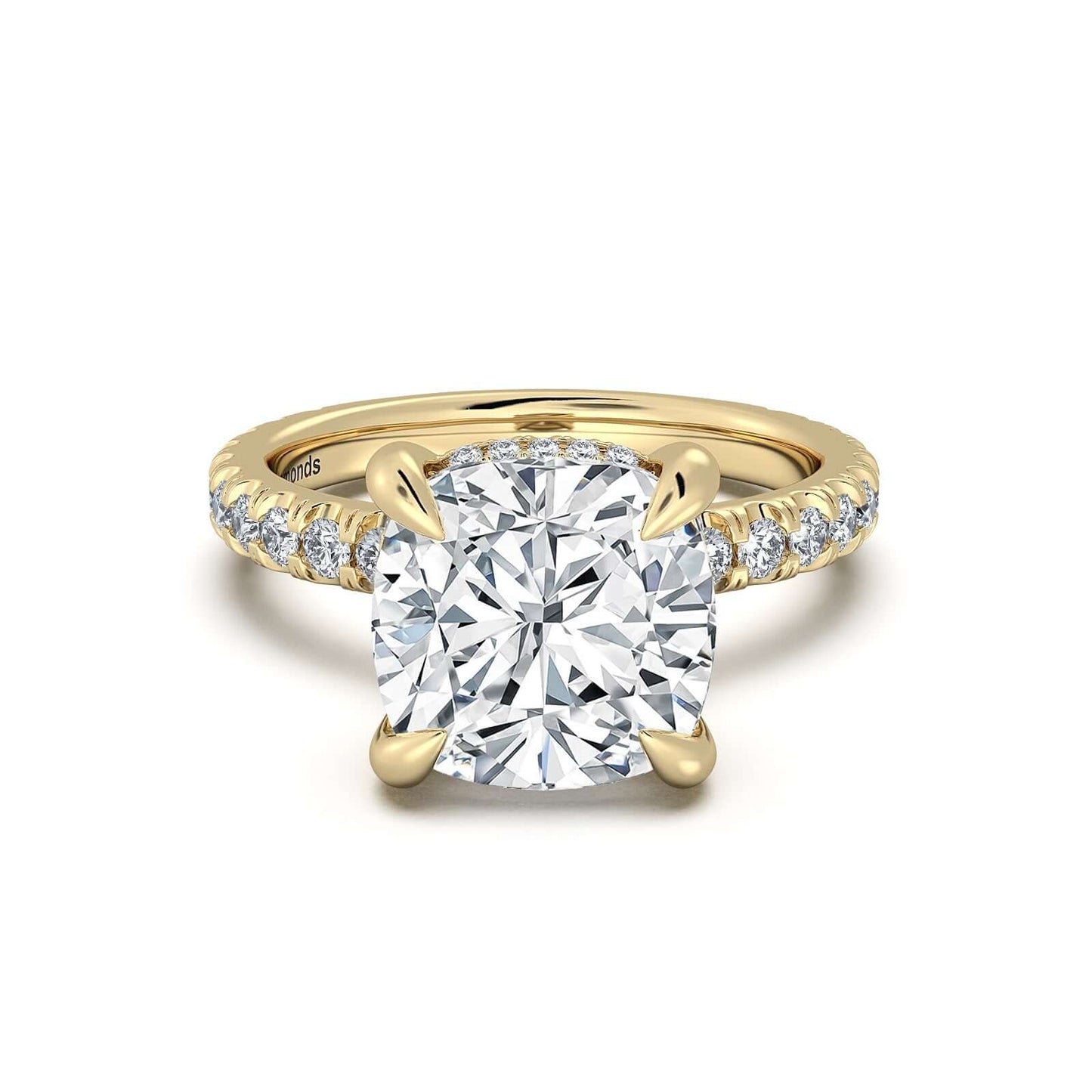 Yellow Gold Cushion Diamond Engagement Ring with Pave Band | Waco Diamonds Is Located In Waco, TX | Central Texas' #1 Engagement Ring Store With Lifetime Warranty