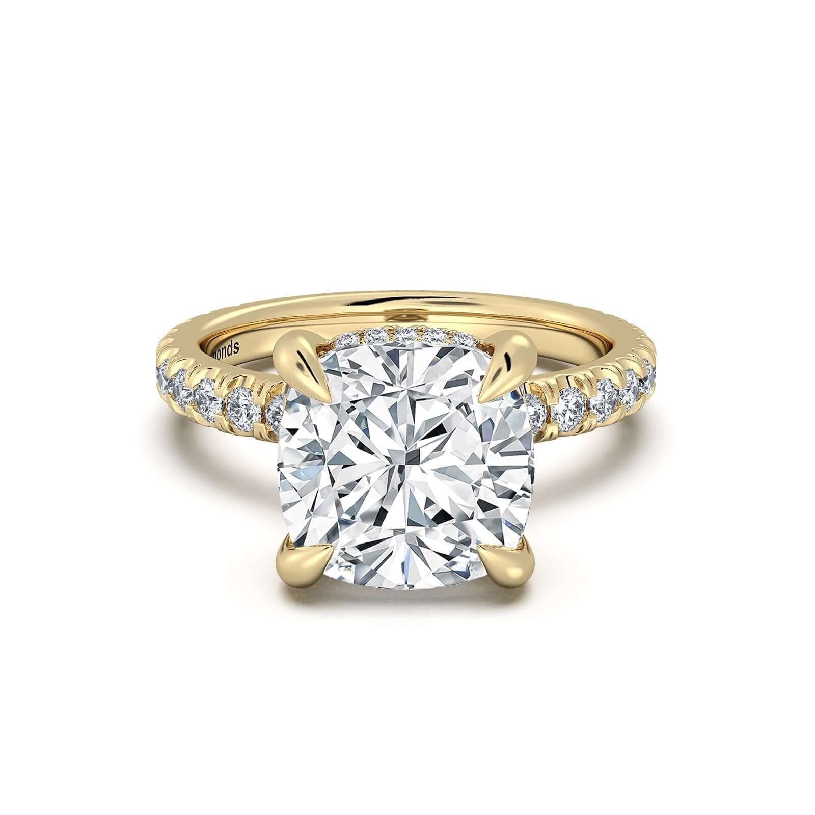 Yellow Gold Cushion Diamond Engagement Ring with Pave Band | Waco Diamonds Is Located In Waco, TX | Central Texas' #1 Engagement Ring Store With Lifetime Warranty
