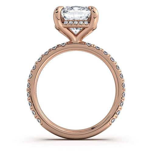 Load image 1 in gallery view. Rose Gold Cushion Diamond Engagement Ring with Pave Band Profile View | Waco Diamonds Is Located In Waco, TX | Central Texas' #1 Engagement Ring Store With Lifetime Warranty