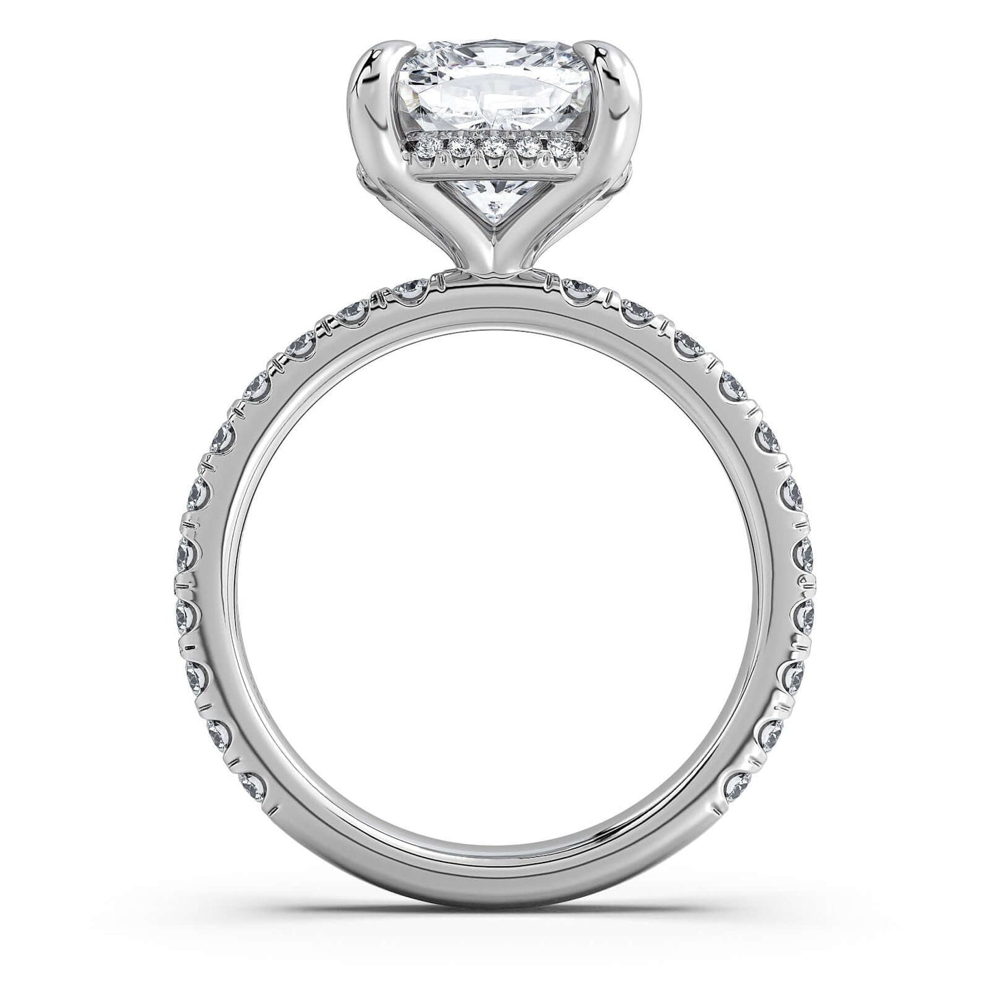 White Gold Cushion Diamond Engagement Ring with Pave Band Profile View | Waco Diamonds Is Located In Waco, TX | Central Texas' #1 Engagement Ring Store With Lifetime Warranty