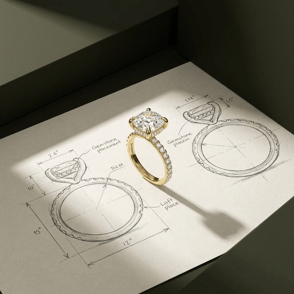 Diamond Engagement Ring Next To the Concept Drawings Of The Ring Done By Waco Diamonds In Waco TX
