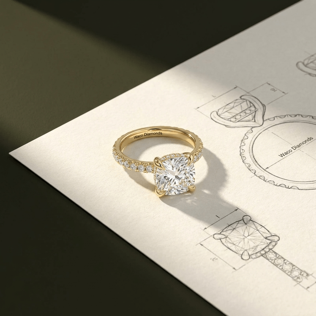 Diamond Engagement Ring Next To the Concept Drawings Of The Ring Done By Waco Diamonds In Waco TX