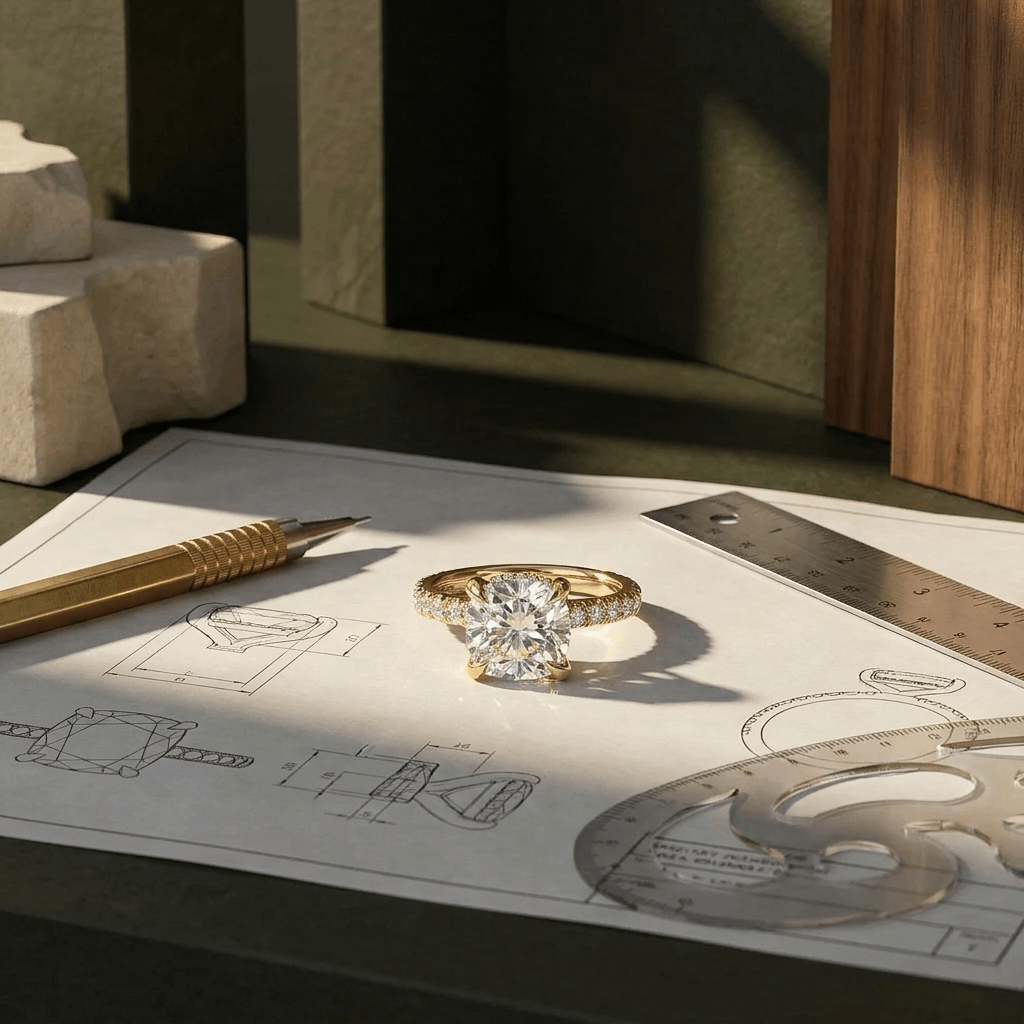Diamond Engagement Ring Next To the Concept Drawings Of The Ring Done By Waco Diamonds In Waco TX